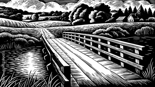 black and white sketch vector of a rural river crossing with an old wooden bridge and calm waters