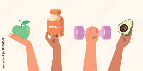 vector illustration of a woman holding food, vitamin and dumbbell, Health and Healthy lifestyle for lifestyle concept. 