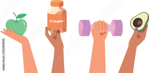 vector illustration of a woman holding food, vitamin and dumbbell, Health and Healthy lifestyle for lifestyle concept. 
