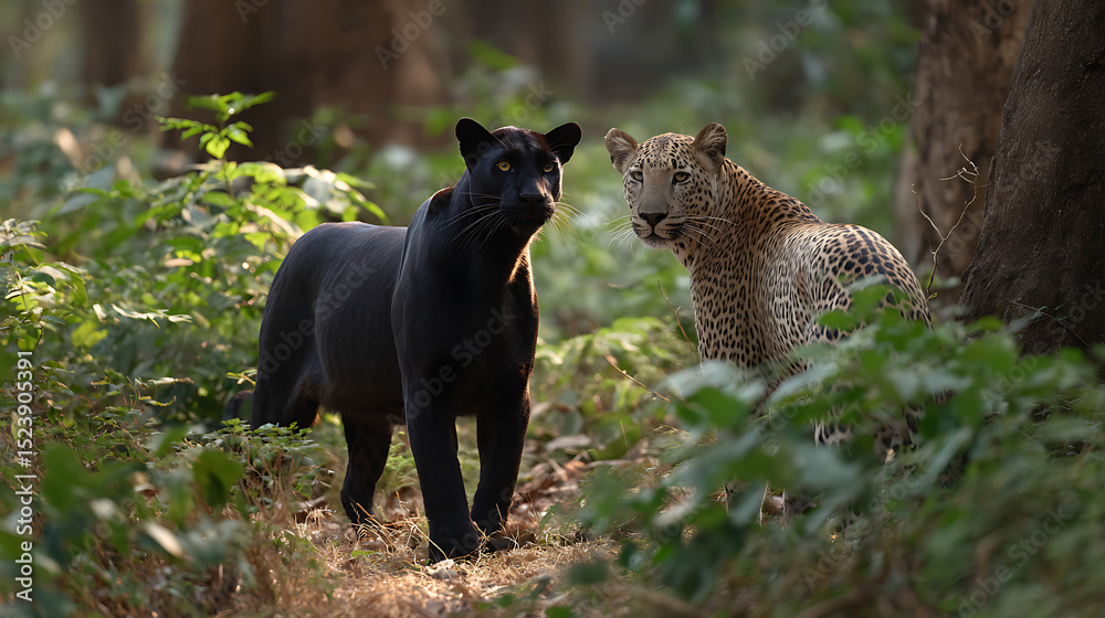 Fototapeta premium Black Panther and Leopard in Lush Green Forest Sunlight