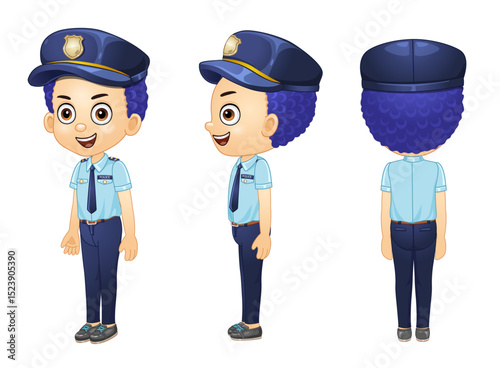 Vector illustration of male security guard character with 3 corners. Cartoon illustration.
