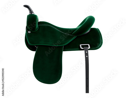 Detailed image of a vibrant green English horse saddle