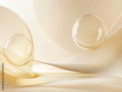 Abstract Transparent Spheres and Flowing Silky Fabric Waves on a Soft Gradient Background Ideal for Product Display and Luxury Branding