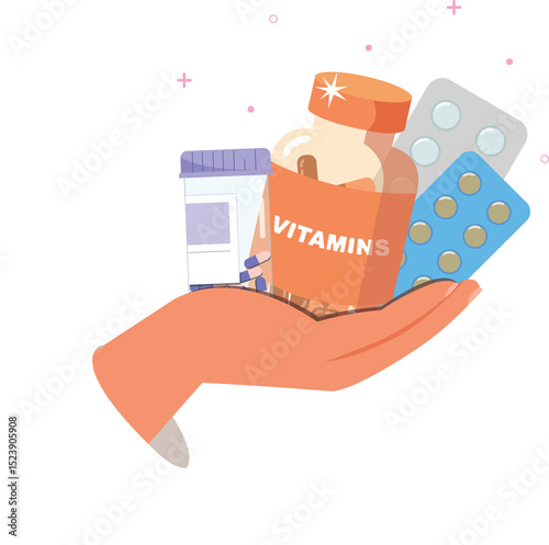 Hand holding medicine for treatment and health concept. Health and treatment vector collection.