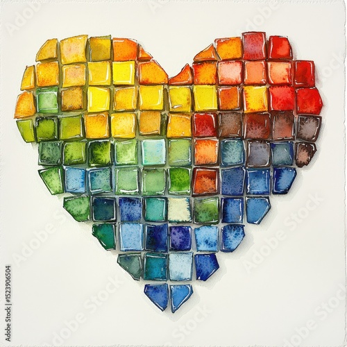 Vibrant Heart Shape Mosaic Tile Artwork in Colorful Arrangement