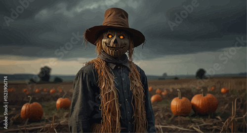 A scarecrow watches over a field filled with ripe pumpkins, set against a backdrop of a sunny autumn day.