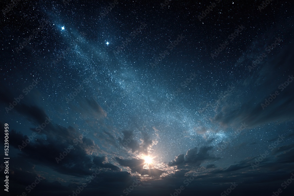 Fototapeta premium Starry Night Sky Clouds Sunrise.