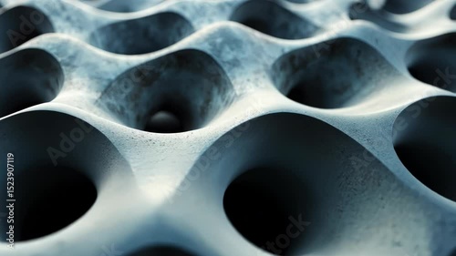 Close-up of a textured, undulating surface with a network of interconnected, recessed cavities forming a repeating pattern.