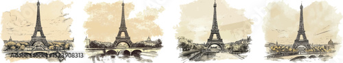 Photography Eiffel Tower Sketch Vector Illustration. Paris Landmark.