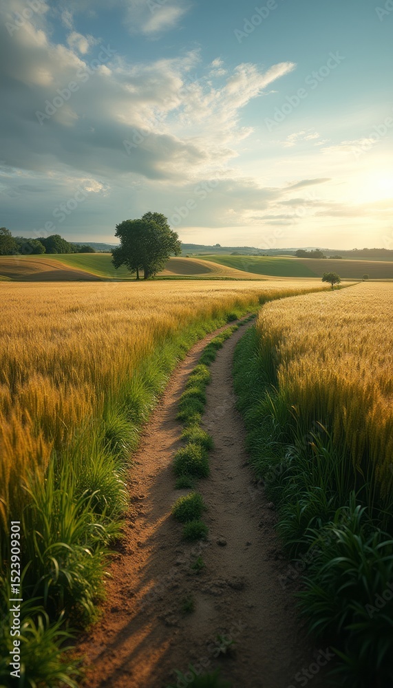 Fototapeta premium Serene pathway through golden fields under a vibrant sky