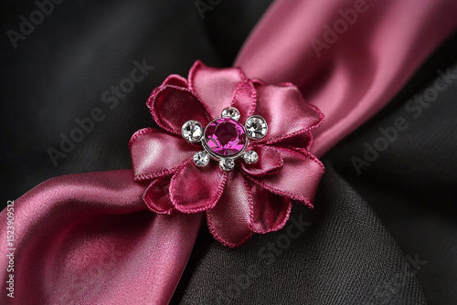 Elegant gold brooch with sparkling crystals on delicate lace fabric background