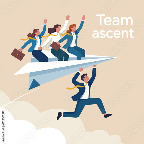 Ambitious Team Flying on Paper Airplane – Flat Vector Business Illustration

