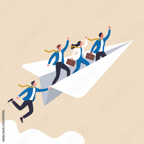 Ambitious Team Flying on Paper Airplane – Flat Vector Business Illustration

