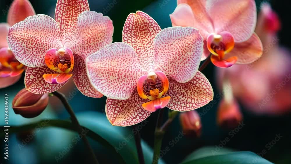 Close-up of pink and orange speckled orchids with blurred background, showcasing intricate petal details and vibrant color contrast
