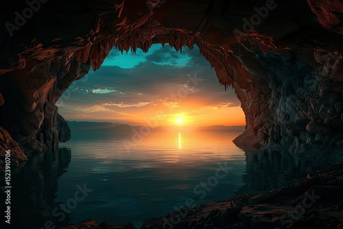 Detailed Color Image of View From Inside a Dark Cave at Sunrise