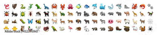 All Animal Emoticons in One Big Set. Birds, Reptiles, Mammals Animals Icon Collection. Animal Vector 10 eps.