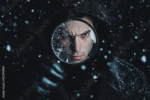 Mysterious detective inspecting with magnifying glass outdoors in vintage attire