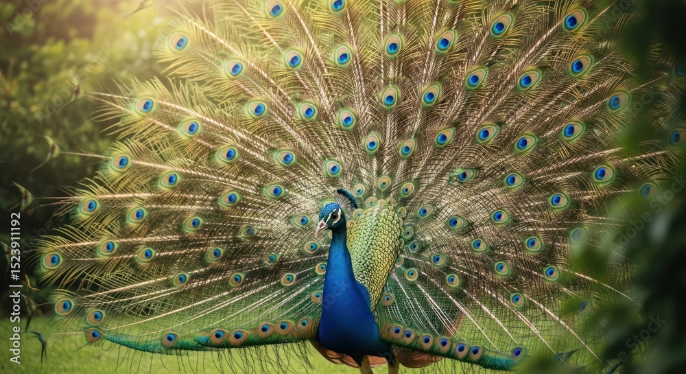 Obraz premium Peacock displaying its magnificent tail feathers.