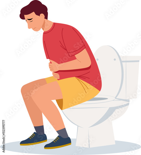 Illustration of a man suffering from stomachache while sitting on the toilet.