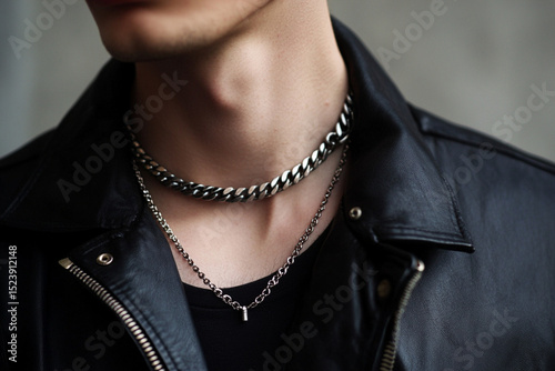 Close-up of a man wearing a silver chain necklace with a circular pendant, styled with a black leather jacket and a dark t-shirt in natural sunlight.