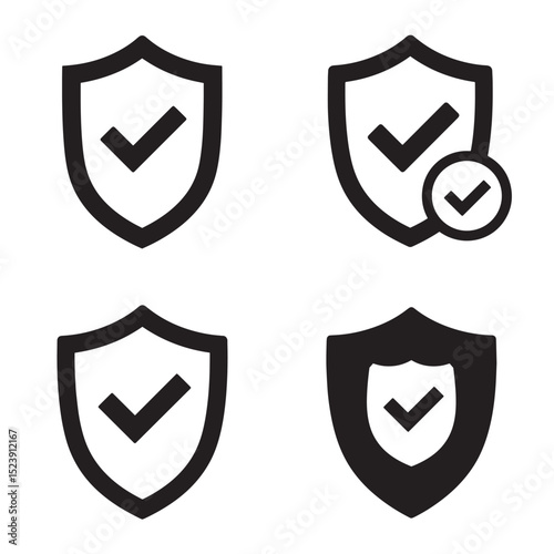 Security and protection icon set featuring shields and check marks in a simple monochrome silhouette