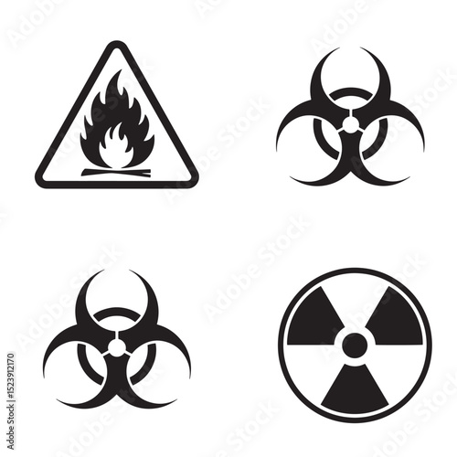 Safety hazard signs including flammable biological and radioactive symbols presented in silhouette style
