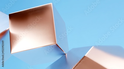 Minimalist abstract metallic cubes against blue sky