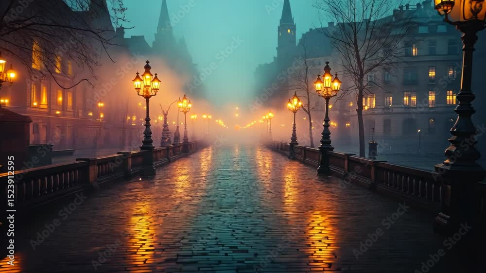 A misty, cobblestone bridge at twilight, lined with ornate gas lamps reflecting on the wet pavement, leading towards distant buildings shrouded in fog
