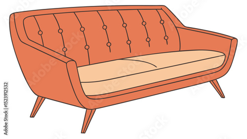 A stylized illustration of a mid-century modern style sofa. It features a warm, orange-red upholstery for the main frame and back, with lighter, peach-colored cushions for the seats.