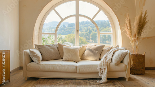 Canapé avec coussins devant baie vitrée