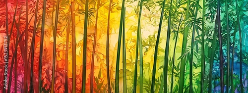 Colorful abstract background banner with bamboo plant illustration. Artwork for zen home decor, nature theme, or spiritual concept