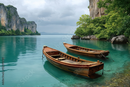 Serene tropical lagoon with wooden boats