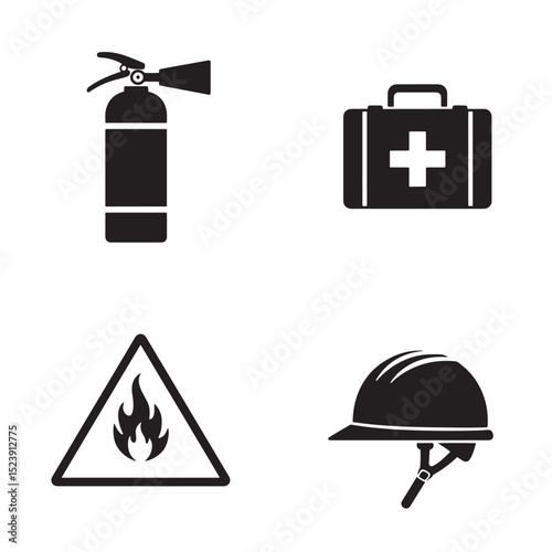 Safety and emergency icons fire extinguisher first aid fire sign hard hat silhouette