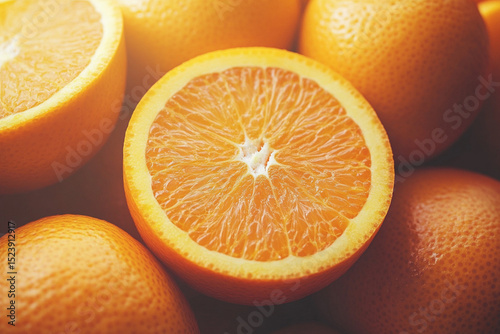 Close-up of fresh juicy oranges with vibrant orange color, showcasing a halved orange revealing its detailed texture and juicy segments.
