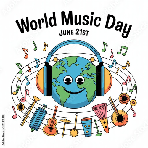 World Music Day in  June 21 vector illustration, planet Earth in headphones and musical notes. Vector illustrator on white background.