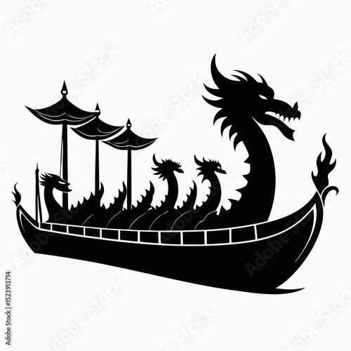 silhouettes of dragon boat on white background