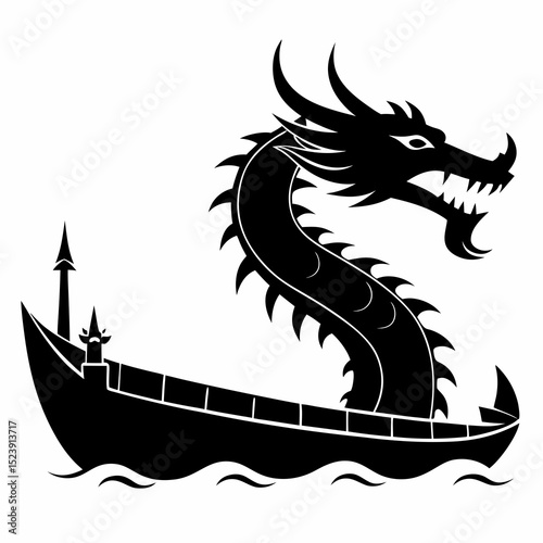 silhouettes of dragon boat on white background
