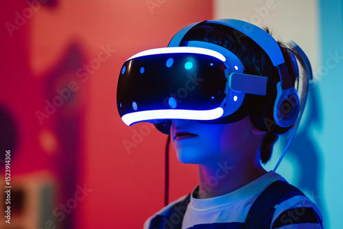 Young boy experiencing virtual reality with VR headset outdoors in a bright, natural environment, exploring immersive technology.