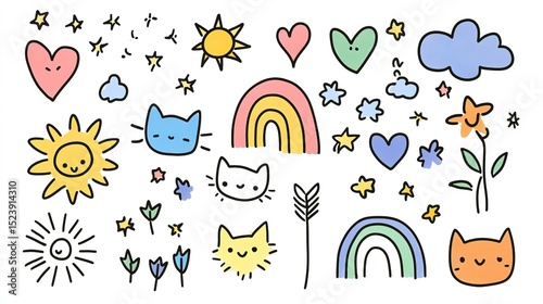 Children's hand-drawn style crayon doodles on white background: Simple colorful elements including cat, rainbow, sun, flowers and shapes for kindergarten wallpapers, educational materials or kids prod