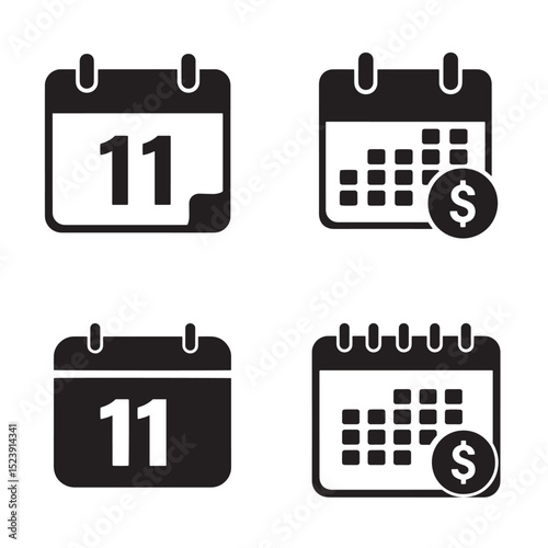 Four minimalist black silhouette calendar icons representing date and finances