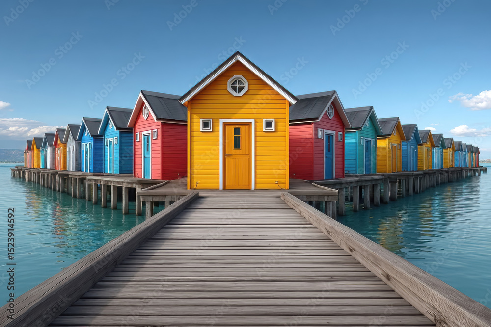 Fototapeta premium Vibrant colorful beach houses on a wooden dock