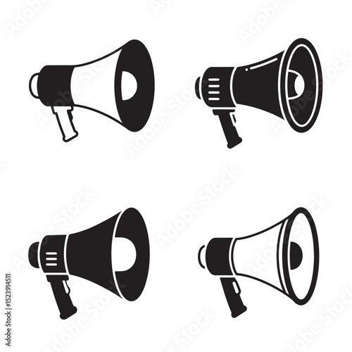Set of four modern megaphone silhouettes in black and white vector design for communication and announcement concepts
