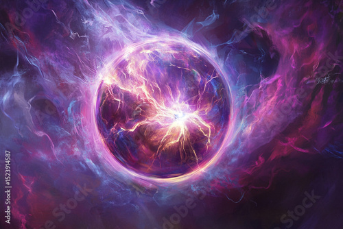 Electric plasma ball with vibrant purple and blue energy sparks in dark atmosphere