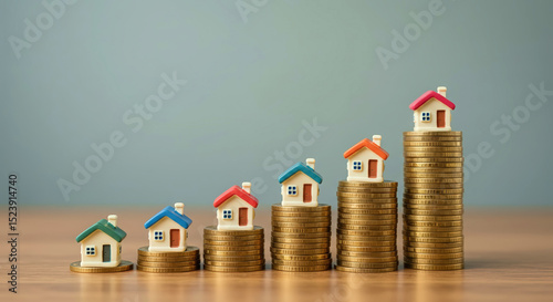 Increasing house models on stacked coins depicting financial growth  