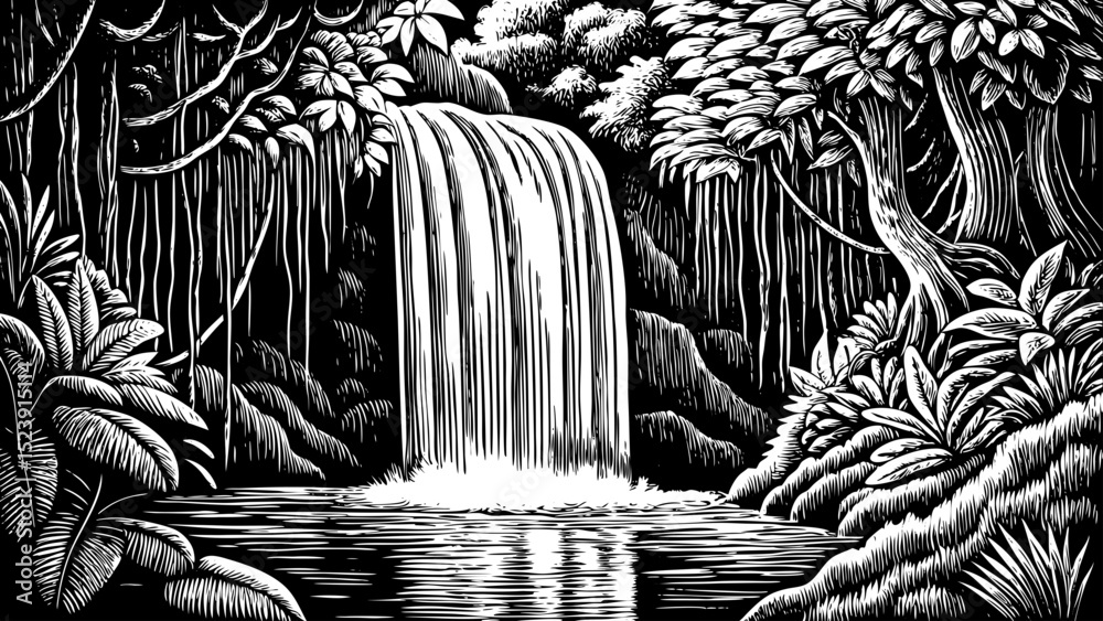 Fototapeta premium Black and white sketch vector of a lush jungle waterfall surrounded by vines and mist