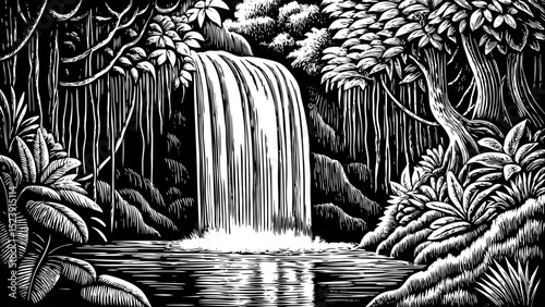 Black and white sketch vector of a lush jungle waterfall surrounded by vines and mist