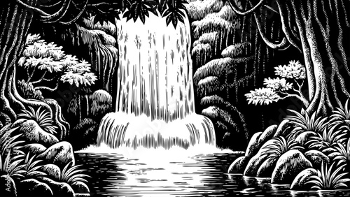 Black and white sketch vector of a lush jungle waterfall surrounded by vines and mist