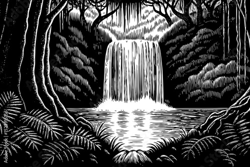 Black and white sketch vector of a lush jungle waterfall surrounded by vines and mist