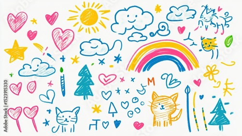 Children's hand-drawn style crayon doodles on white background: Simple colorful elements including cat, rainbow, sun, flowers and shapes for kindergarten wallpapers, educational materials or kids prod