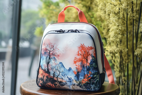 Stylish floral print backpack with artistic black and pink abstract design, modern casual bag on table